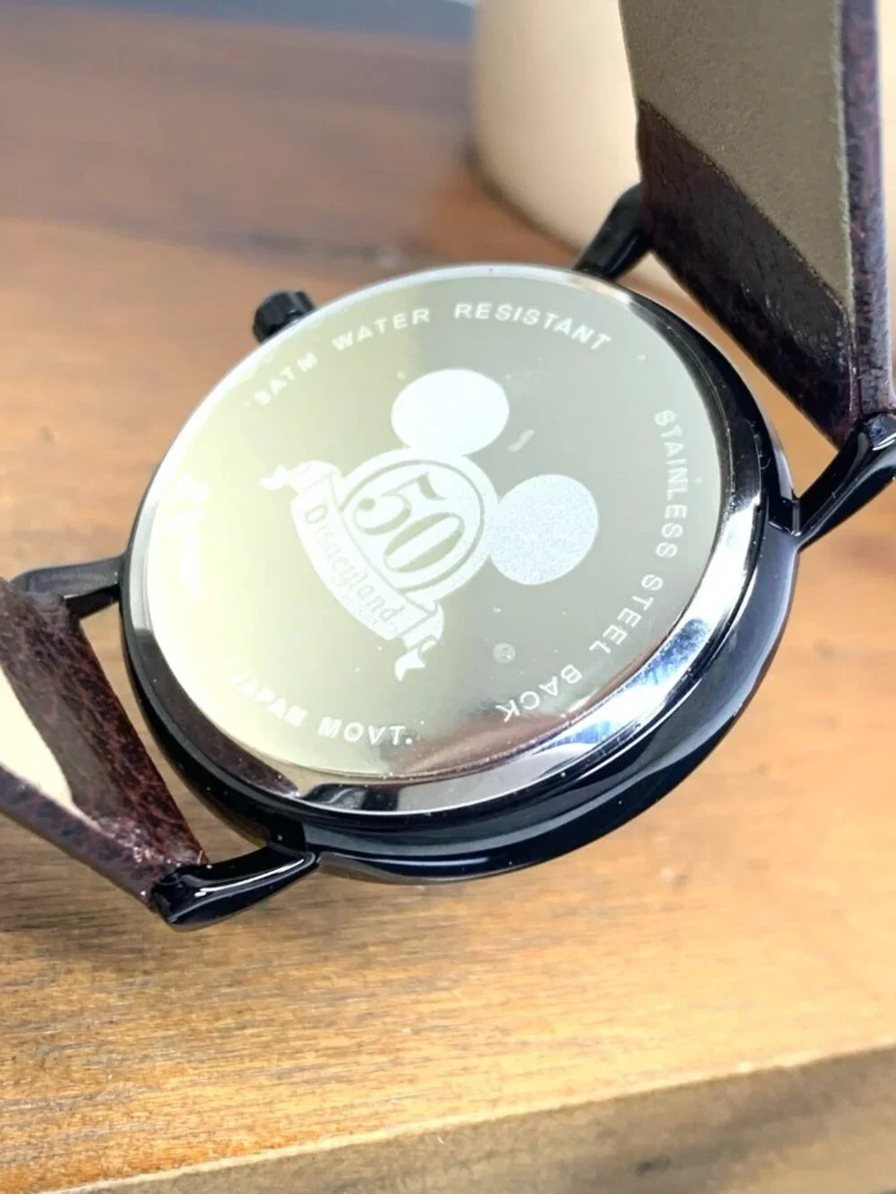 Disney Time Works Disneyland Unisex Watch Black Quartz Brown Leather Strap 34mm